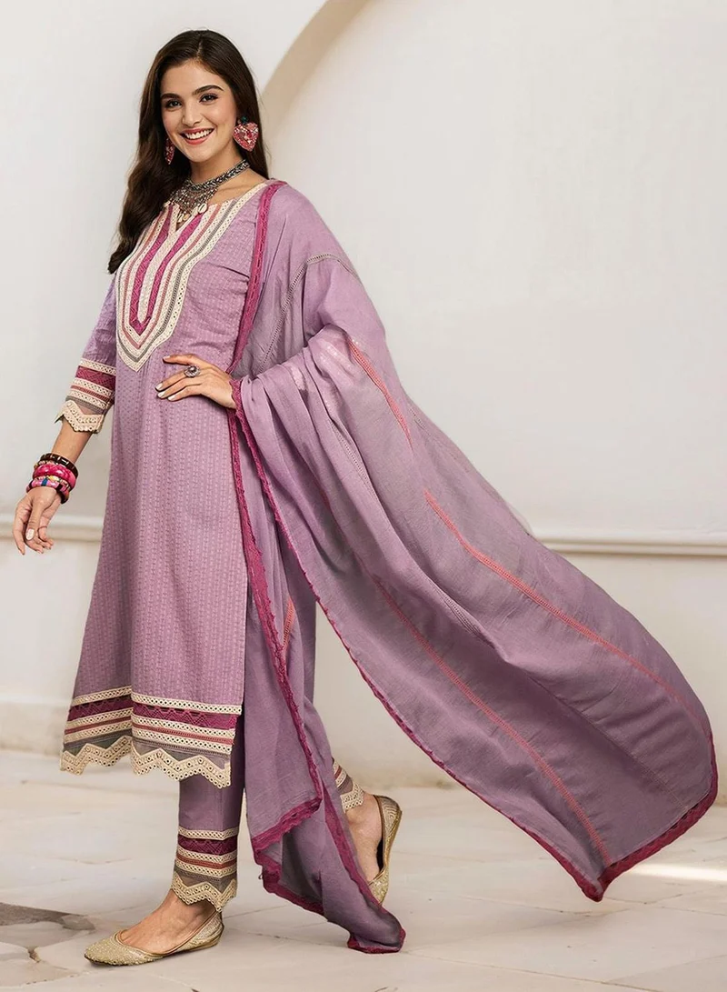 ISHIN  Women's Purple 100% Cotton Embellished Tunic Full Length Casual Straight Fit Kurta Set for Women | Best Price UAE